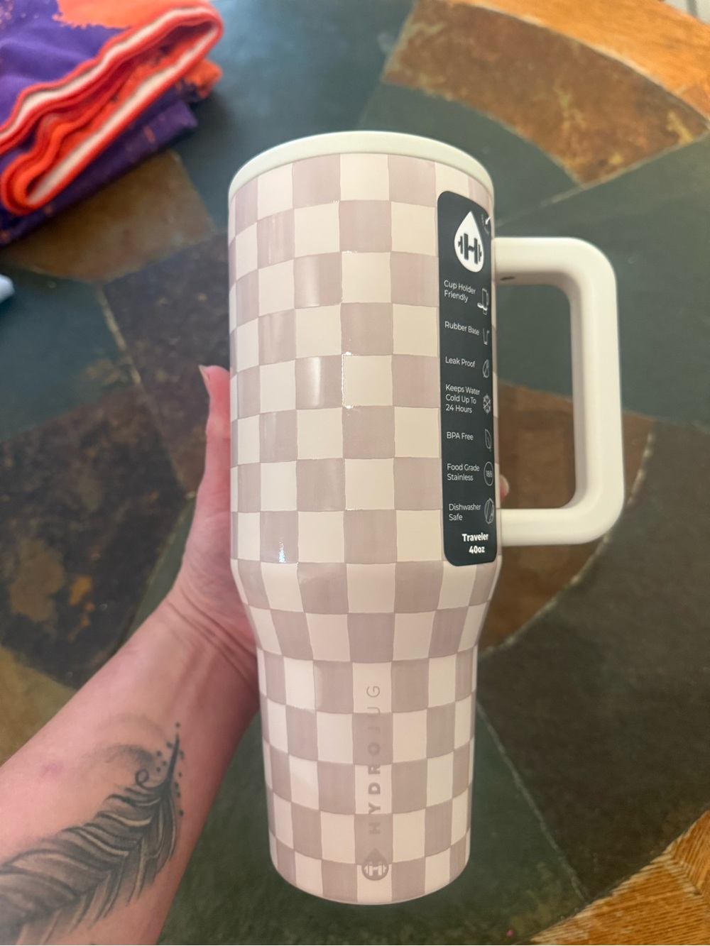 HydroJug Beige Checkered Travel Mug with White Handle